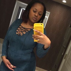 Ash blue sued mini dress w/tie front